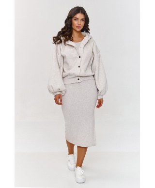 Komplet z sukienką i rozpinaną bluzą z kapturem beżowy melanż A6