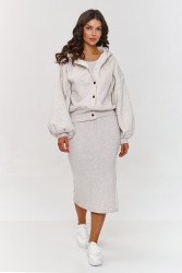 Komplet z sukienką i rozpinaną bluzą z kapturem beżowy melanż A6