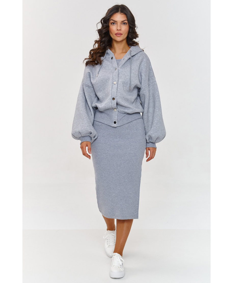 Komplet z sukienką i rozpinaną bluzą z kapturem szary melanż A6