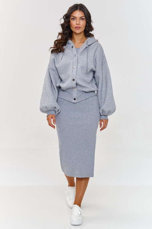 Komplet z sukienką i rozpinaną bluzą z kapturem szary melanż A6