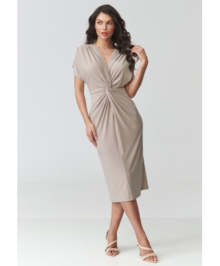 Sukienka midi z marszczeniem jasny beż M938