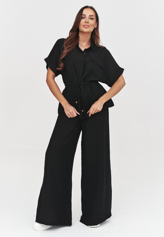 Elegancki komplet damski z luźną bluzką i szerokimi spodniami czarny C54