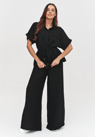 Elegancki komplet damski z luźną bluzką i szerokimi spodniami czarny C54