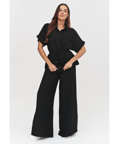 Elegancki komplet damski z luźną bluzką i szerokimi spodniami czarny C54