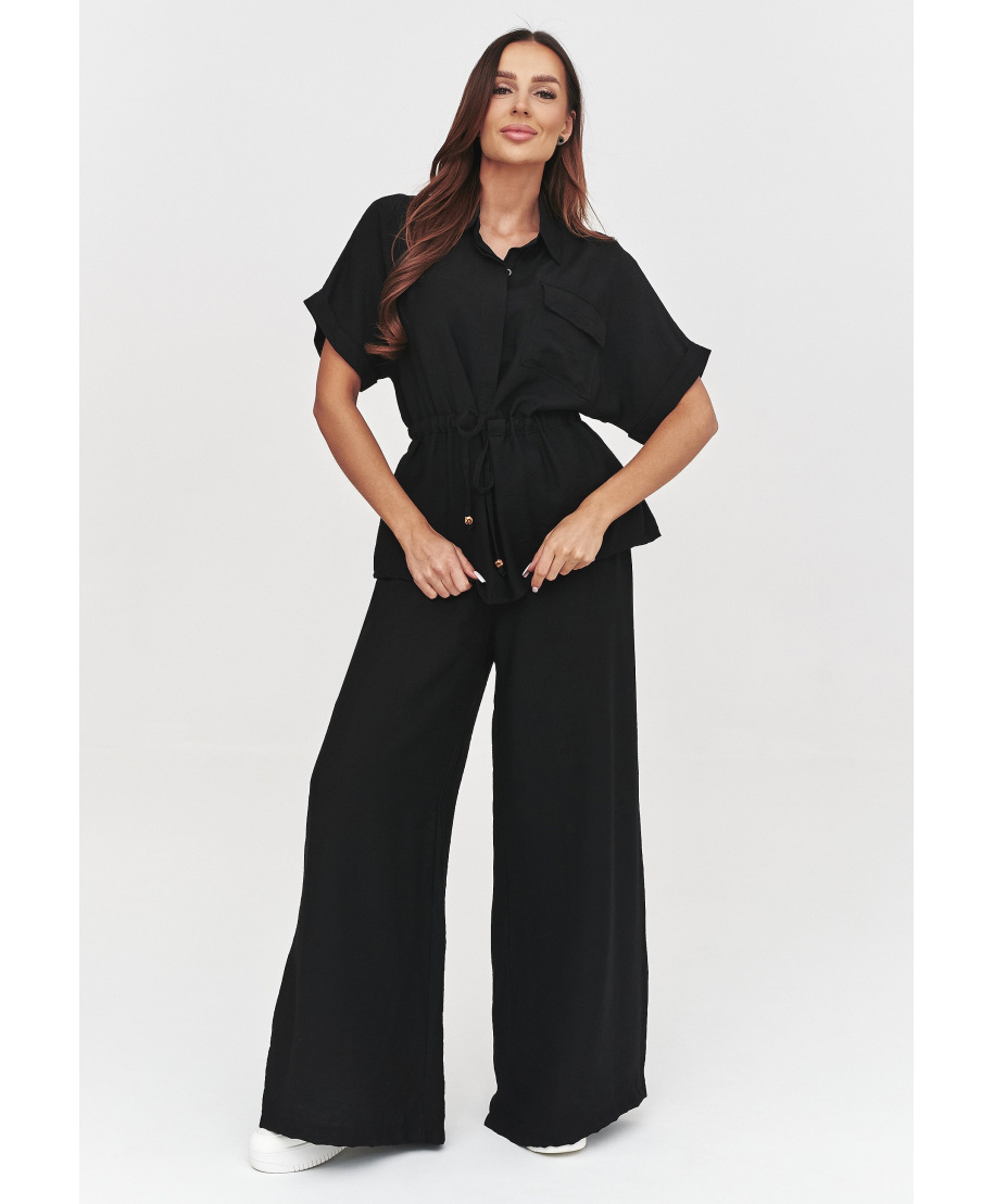 Elegancki komplet damski z luźną bluzką i szerokimi spodniami czarny C54