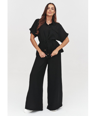 Elegancki komplet damski z luźną bluzką i szerokimi spodniami czarny C54