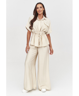 Elegancki komplet damski z luźną bluzką i szerokimi spodniami jasny beż C54
