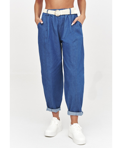 Spodnie damskie z szeroką nogawką i wysokim stanem ciemny jeans C56