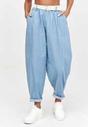 Spodnie damskie z szeroką nogawką i wysokim stanem jasny jeans C56