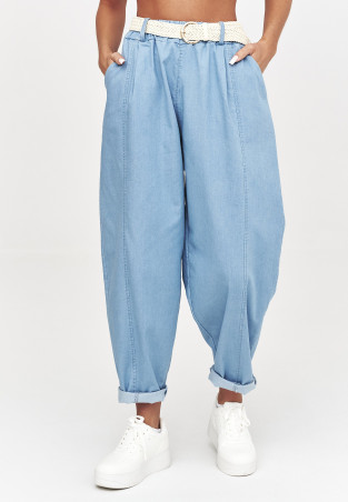 Spodnie damskie z szeroką nogawką i wysokim stanem jasny jeans C56