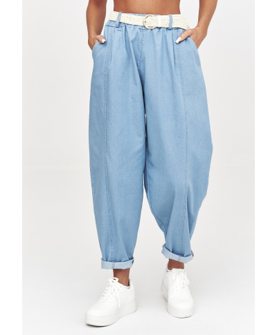 Spodnie damskie z szeroką nogawką i wysokim stanem jasny jeans C56