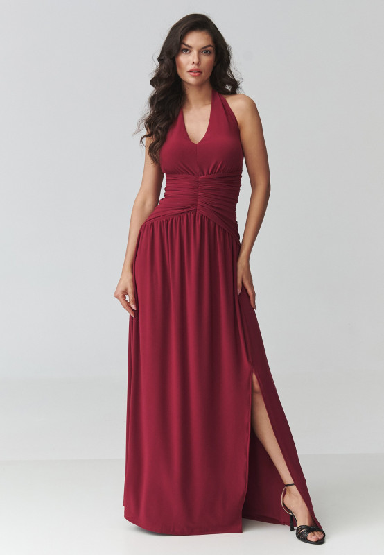 Sukienka maxi z rozcięciem i marszczeniem w talii bordowa M944
