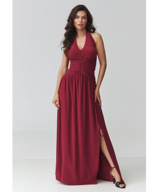 Sukienka maxi z rozcięciem i marszczeniem w talii bordowa M944