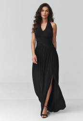 Sukienka maxi z rozcięciem i marszczeniem w talii czarna M944
