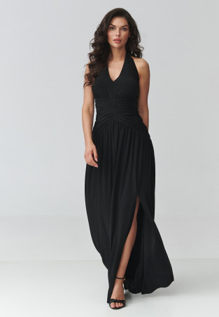 Sukienka maxi z rozcięciem i marszczeniem w talii czarna M944