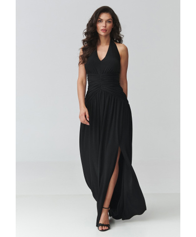 Sukienka maxi z rozcięciem i marszczeniem w talii czarna M944