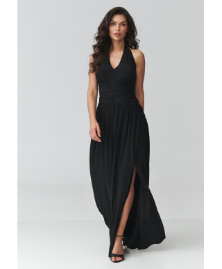Sukienka maxi z rozcięciem i marszczeniem w talii czarna M944
