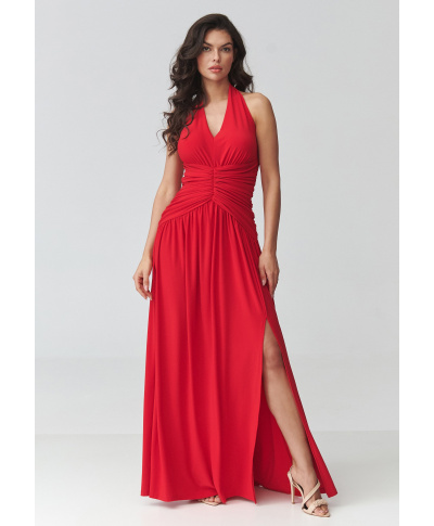 Sukienka maxi z rozcięciem i marszczeniem w talii czerwona M944