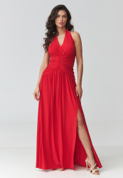 Sukienka maxi z rozcięciem i marszczeniem w talii czerwona M944