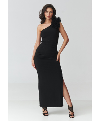 Elegancka sukienka wieczorowa maxi na jedno ramię z rozcięciem czarna M941