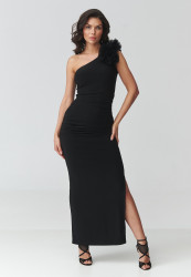 Elegancka sukienka wieczorowa maxi na jedno ramię z rozcięciem czarna M941