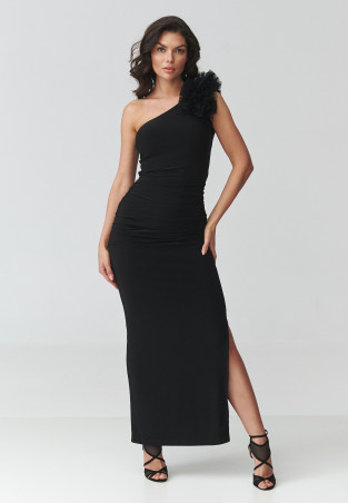 Elegancka sukienka wieczorowa maxi na jedno ramię z rozcięciem czarna M941