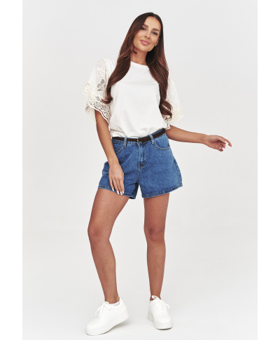 Jeansowe szorty damskie z wysokim stanem i paskiem denim C60