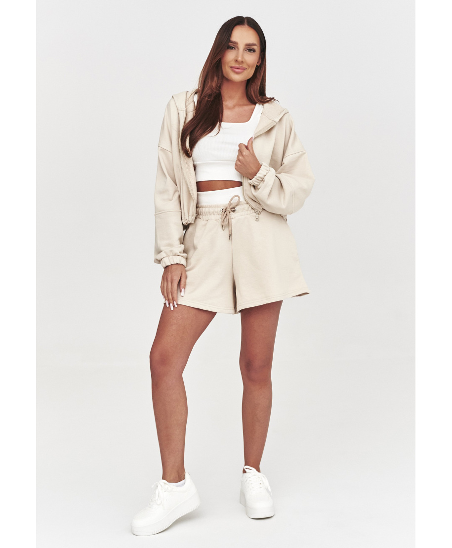 Komplet damski 3w1 bluza z kapturem, top i szorty  jasny beż A15