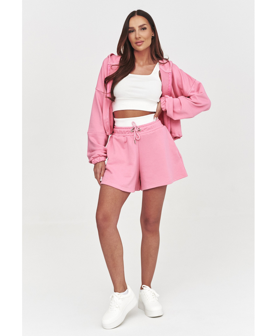 Komplet damski 3w1 bluza z kapturem, top i szorty  baby pink A15