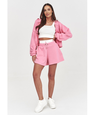 Komplet damski 3w1 bluza z kapturem, top i szorty  baby pink A15