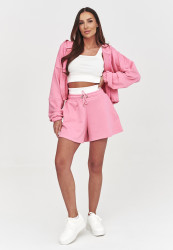 Komplet damski 3w1 bluza z kapturem, top i szorty  baby pink A15