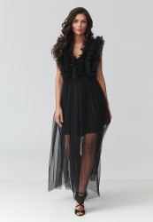 Efektowna sukienka tiulowa maxi z falbanami i dekoltem V czarna M943