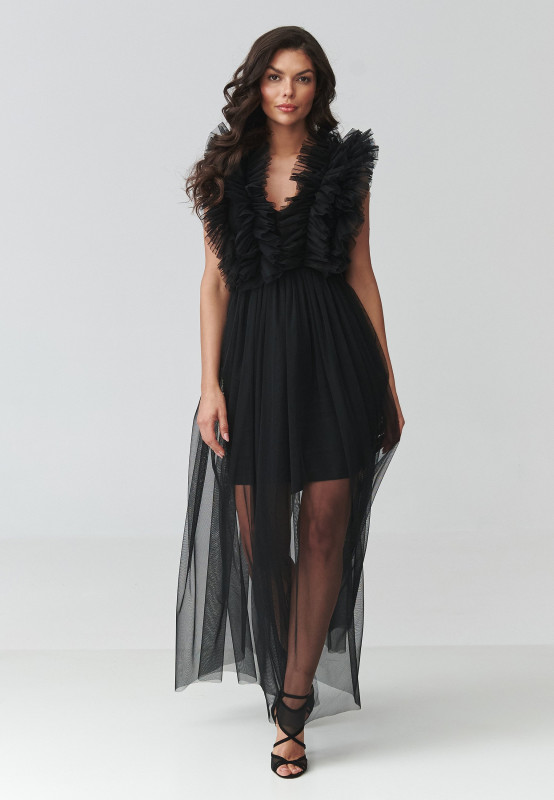 Efektowna sukienka tiulowa maxi z falbanami i dekoltem V czarna M943