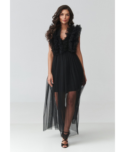 Efektowna sukienka tiulowa maxi z falbanami i dekoltem V czarna M943