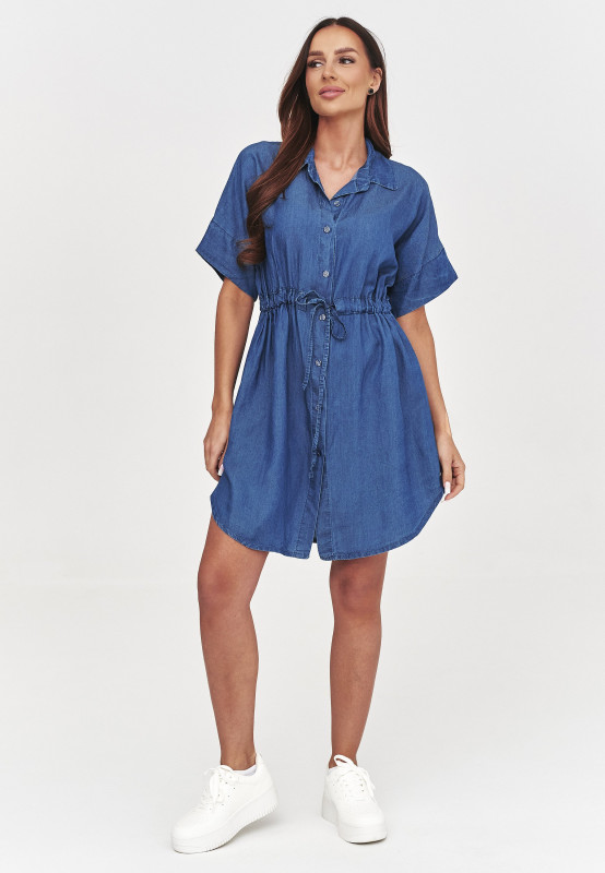 Sukienka jeansowa koszulowa z wiązaniem w talii ciemny jeans C57
