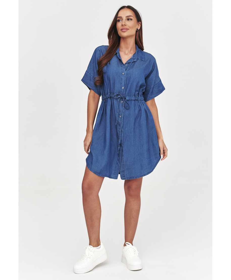 Sukienka jeansowa koszulowa z wiązaniem w talii ciemny jeans C57