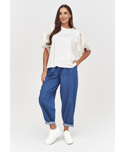 Bluzka damska z koronkowymi rękawami śmietankowa C59