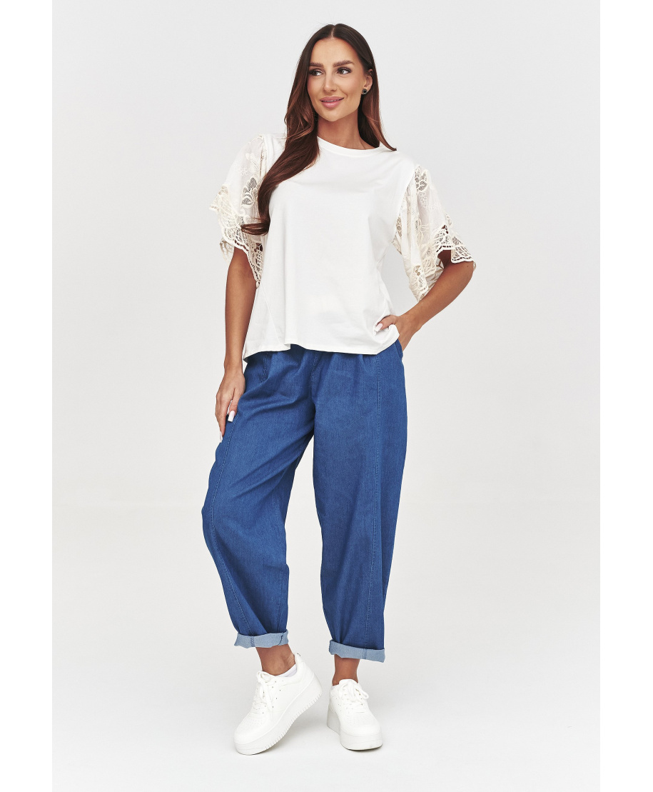 Bluzka damska z koronkowymi rękawami śmietankowa C59