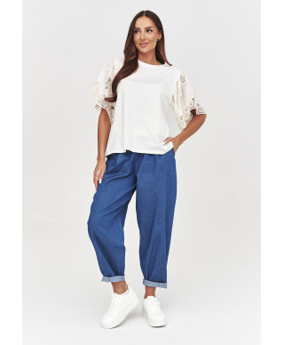 Bluzka damska z koronkowymi rękawami śmietankowa C59