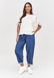 Bluzka damska z koronkowymi rękawami śmietankowa C59