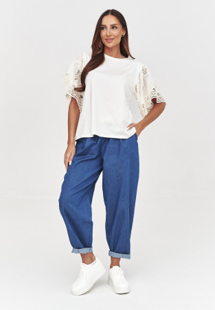 Bluzka damska z koronkowymi rękawami śmietankowa C59