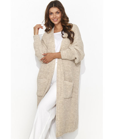 Damski sweter otwarty z kieszeniami beżowy melanż S176