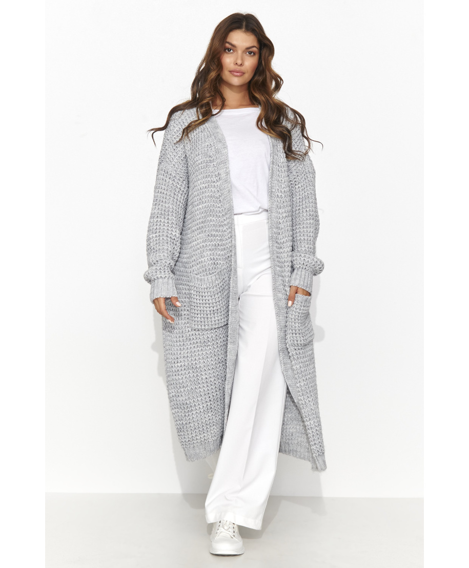 Damski sweter otwarty z kieszeniami szary melanż S176