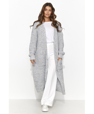 Damski sweter otwarty z kieszeniami szary melanż S176