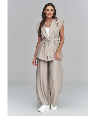 Komplet damski kamizelka z wiązaniem i szerokie spodnie mokka C69