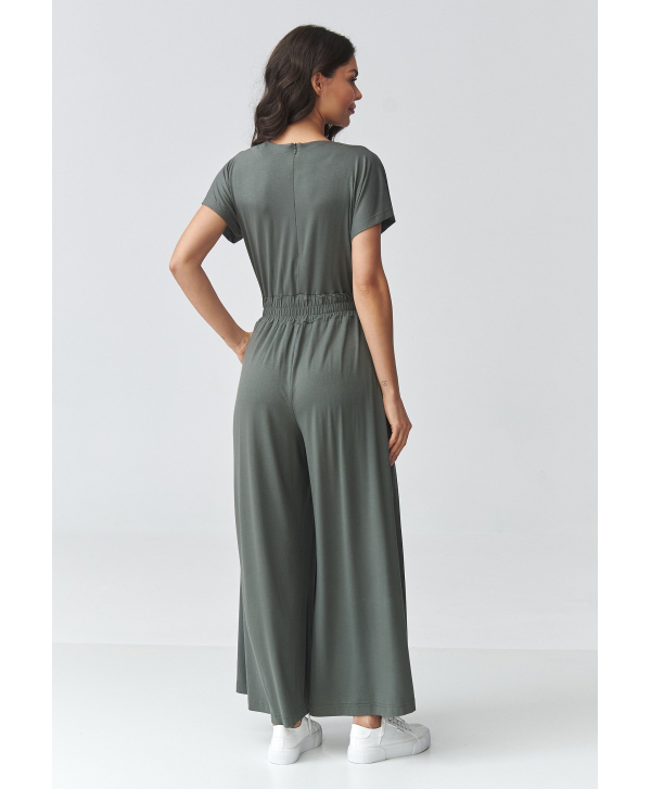 Elegants sieviešu kombinezons ar platām biksēm haki krāsā M924