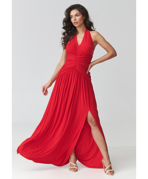 Moteriška maxi suknelė su išplyšimu ir raukšlėmis juosmens srityje raudona M944