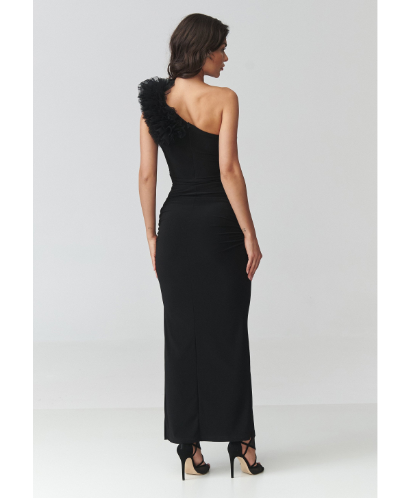 Eleganta melna maxi kleita ar vienu plecu un šķēlumu M941