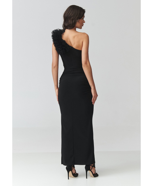 Eleganta melna maxi kleita ar vienu plecu un šķēlumu M941