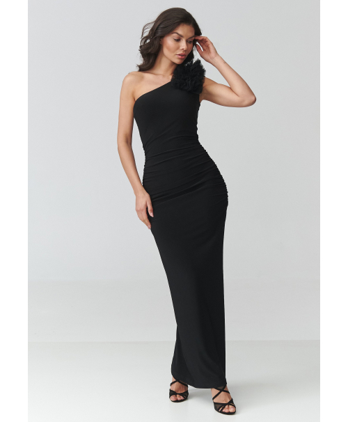 Eleganta melna maxi kleita ar vienu plecu un šķēlumu M941